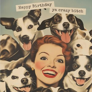 Tarjetas de felicitación, tarjeta de feliz cumpleaños estilo collage vintage con mujer pelirroja y perros, tarjeta divertida para un amigo