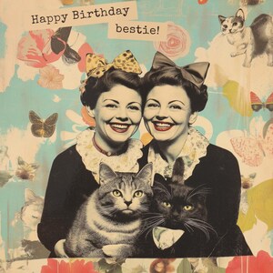 Cartes de voeux, carte de joyeux anniversaire de style vintage, illustration de femmes et de chats, carte d'amitié, carte d'anniversaire, cadeau de meilleure amie