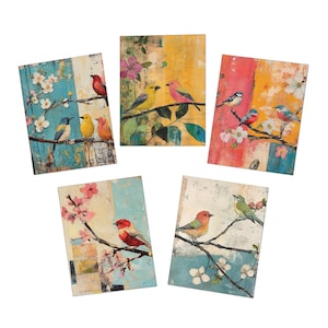 Jeu de cartes de voeux, techniques mixtes oiseaux, papeterie fleurs de cerisier, intérieur vierge, lot de 5 cartes