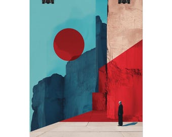 Arte mural imprimible de arquitectura geométrica surrealista, descarga digital minimalista moderna.