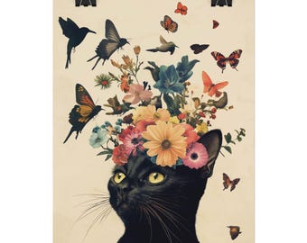 Black Cat Floral Printable Wall Art, Surreal Botanical Digital Download