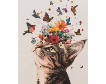 Tabby Cat Floral Printable Wall Art, Surreal Botanical Digital Download
