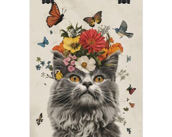 Grey Cat Floral Printable Wall Art, Surreal Botanical Digital Download