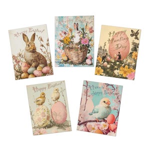 Cartes de voeux, panier de poussins et d'oeufs de lapin de Pâques vintage, lot de 5, intérieur vierge, tons pastel, papeterie de printemps, cadeau de Pâques, cartes de vœux,