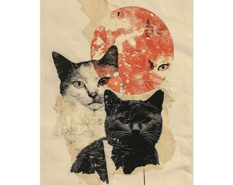 Black Cat Collage Printable Wall Art, Surreal Vintage Digital Download