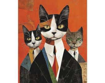 Surreal Cat Portrait Printable Wall Art, Mid Century Modern Animal Digital Download