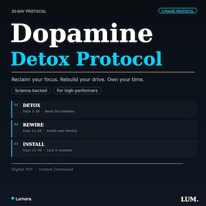 Może przedstawiać: Grafika cyfrowa z tytułem "Dopamine Detox Protocol" w kolorze białym i turkusowym. Obraz przedstawia 3-fazowy program: Detox, Rewire i Install. Tekst zawiera "Reclaim your focus. Rebuild your drive. Own your time."