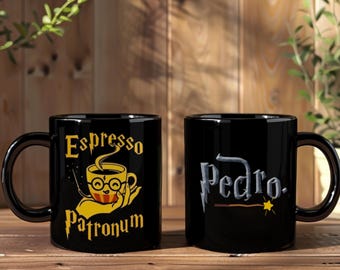 Personalized Black Wizard Mug, Expresso patronum, Custom Name Magic Cup, Fantasy Gift for Potter Fans, Wizarding World Inspired Coffee Mug