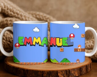 Personalized Gamer Mug with Name  Adventure‑Inspired Platform World Design  Unique Gift for Retro Fans and Lovers of Classic Pixel Style