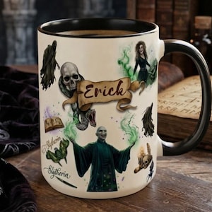 Custom Slytherin mug with name, dark wizard magic design, skull and snake, ideal for fantasy fan and unique gift