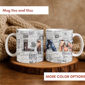May include: Two white ceramic mugs featuring a newspaper-style collage print with the name LIAM spelled out in large letters. The design includes various headlines, text, and character images. The mugs are available in 11oz and 15oz sizes.