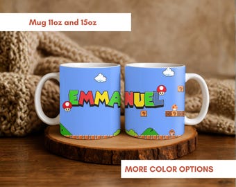Personalized gamer mug with name, retro pixel adventure design, unique gift for classic game lovers, fun custom coffee cup for gamers