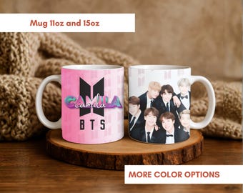 Personalized BTS‑inspired mug, custom name K‑Pop cup, aesthetic Korean idol gift for ARMY fans, cute coffee mug, Fan collections