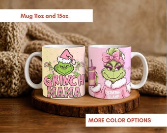 Personalized Grinch MAMA mug, Funny Christmas coffee cup, Custom holiday gift for friends, Cute Merry Grinchmas cocoa mug