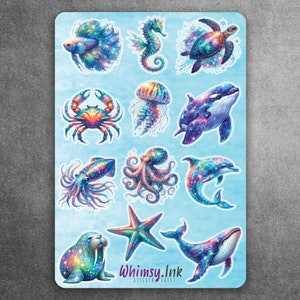 Hoja de pegatinas de vinilo personalizadas de criaturas marinas de fantasía, ideal para planificadores, diarios, álbumes de recortes, bullet journals, etc.
