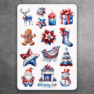 Rot, Weiß, und Blau Weihnachten Vinyl Sticker Bogen ideal für Planer, Journaling, Scrapbooking, Bullet Journals, etc