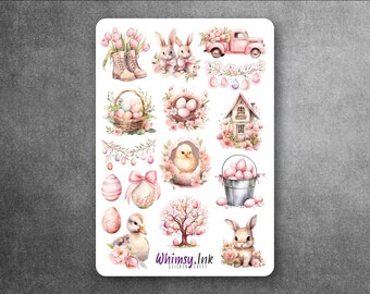 May include: A sheet of Easter-themed stickers featuring bunnies, chicks, eggs, a truck, a house, and a tree. The stickers are in pink, white, and green.