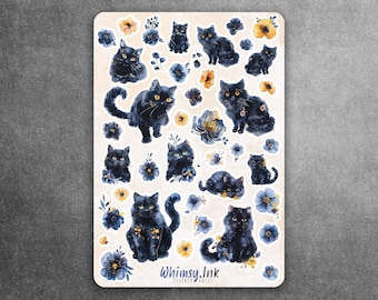 Hoja de pegatinas de vinilo con diseño de gatos negros florales. Ideal para planificadores, diarios, álbumes de recortes, bullet journals, etc.