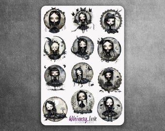 Foglio di adesivi in vinile Whimsical Goth Girls / Ottimi per planner, journaling, scrapbooking, bullet journal, ecc.