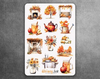 May include: A sticker sheet featuring watercolor illustrations of autumn themes including a fireplace, trees, a porch swing, a teapot, a watering can, pumpkins, a bouquet in a jar, a house, and drinks with apples. The text Whimsy.Ink is at the bottom.