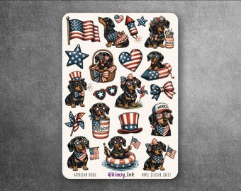 American Doxies Sticker Sheet | Patriotic Dachshund Stickers | 4th of July Doxie Planner Stickers | Red White Blue Dog Decals