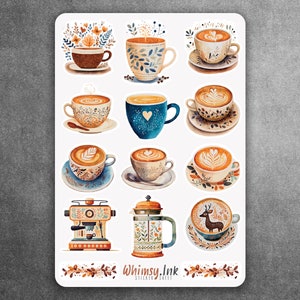 Feuille d'autocollants en vinyle café art folklorique | Idéal pour les agendas, la tenue d'un journal, le scrapbooking, les Bullet Journals, etc.