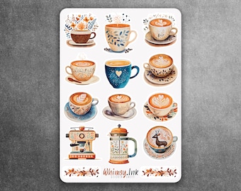 Folk Art Coffee Vinyl Sticker sheet | Great for Planners, Journaling, Scrapbooking, Bullet Journals, Etc