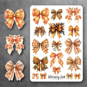 May include: A sheet of stickers featuring 16 different watercolor bow designs in shades of orange and brown. The sticker sheet is labeled "Whimsy.Ink Sticker Sheet".