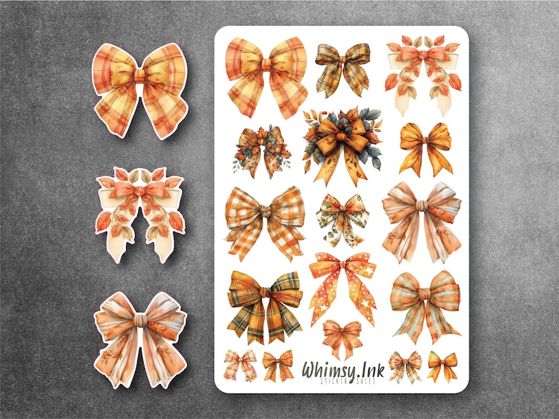 May include: A sheet of stickers featuring 16 different watercolor bow designs in shades of orange and brown. The sticker sheet is labeled "Whimsy.Ink Sticker Sheet".