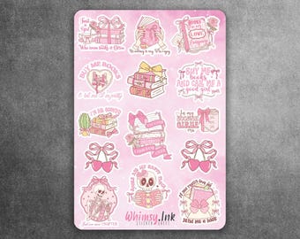 May include: A sticker sheet featuring various pink-themed illustrations and text related to reading. Designs include stacks of books, bows, skulls, hearts, and envelopes with phrases like Just a Girl Who Loves Books & Coffee, Buy Me Books, and In My Bookish Girl Era.