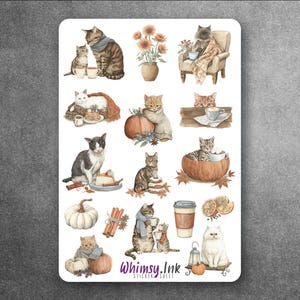 Cozy Autumn Cat Sticker Sheet – Fall Pumpkin & Coffee Cat Stickers, Cottagecore Planner Stickers, Cute Cat Lover Gift,