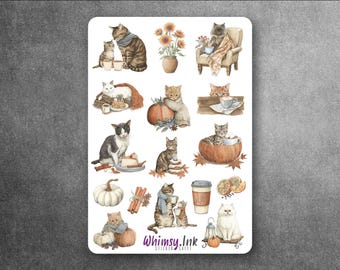 Adesivos aconchegantes para gatos de outono – Adesivos de abóbora e café de outono, adesivos para planejador Cottagecore, presente fofo para amantes de gatos
