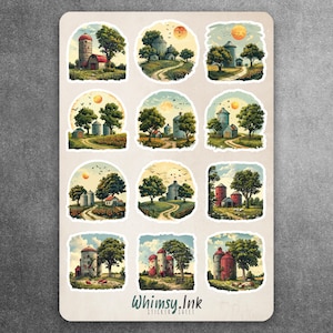 Silos on the Farm Landscapes Vinyl Sticker Sheet Great for Planners, Journaling, Scrapbooking, Bullet Journals, Etc