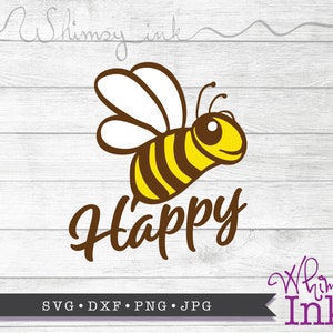 May include: A yellow and brown cartoon bee with white wings and a happy expression. The bee is flying above the word "Happy" in brown text. The text "Whimsy Ink" is in purple text at the bottom of the image.