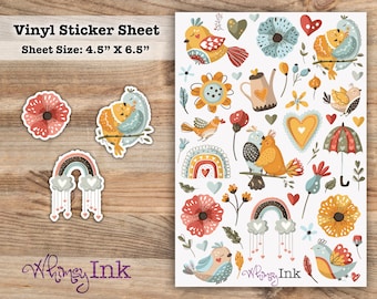 Hoja de pegatinas de vinilo con diseño de flores y pájaros. Ideal para planificadores, diarios, álbumes de recortes, bullet journals, etc.
