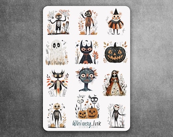 Creepy Folk Art Halloween Vinyl Sticker sheet | Great for Planners, Journaling, Scrapbooking, Bullet Journals, Etc