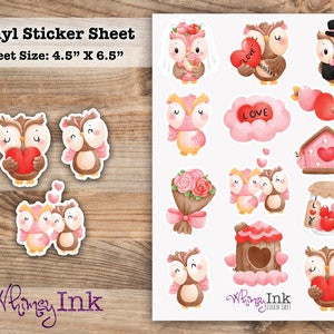 Valentines Day Cartoon Owls Vinyl Sticker Sheet Great for Planners, Journaling, Scrapbooking, Bullet Journals, Etc