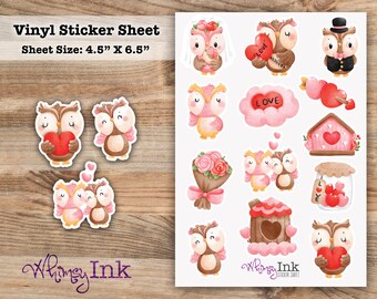 Valentines Day Cartoon Owls Vinyl Sticker Sheet Great for Planners, Journaling, Scrapbooking, Bullet Journals, Etc