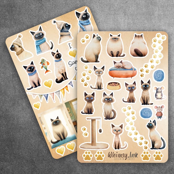 Siamese Cats Vinyl Sticker Sheet Great for Planners, Journaling, Scrapbooking, Bullet Journals, Etc