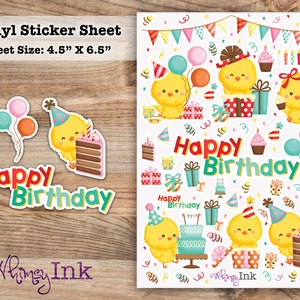 Foglio di adesivi in vinile "Happy Birthday Chickens", ideale per planner, journaling, scrapbooking, bullet journal, ecc.