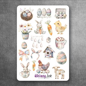 May include: A sheet of Easter-themed stickers featuring a variety of images, including bunnies, chicks, eggs, and flowers. The stickers are all in a patchwork style with a variety of colors and patterns. The sheet also includes the text "Whimsy.Ink Sticker Sheet".