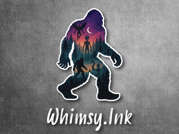 Cryptid Forest Sasquatch Decal – Alien, Mothman Scene, Silhouette Sticker – Paranormal Bigfoot Vinyl for Water Bottles, Cars & Laptops