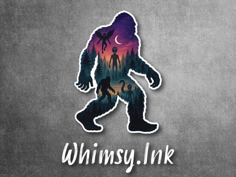 Cryptid Forest Sasquatch Decal – Alien, Mothman Scene, Silhouette Sticker – Paranormal Bigfoot Vinyl for Water Bottles, Cars & Laptops image 1