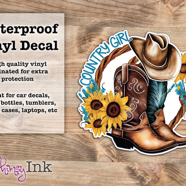 Country Girl Sunflowers and Boots Waterproof Vinyl Decal Sticker | Car Decal, Window Decal, Laptop Decal, Tumbler Decals