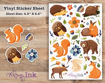 Hoja de pegatinas de vinilo con animales del bosque floral. Ideal para planificadores, diarios, álbumes de recortes, bullet journals, etc.