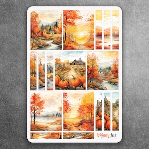 May include: A sheet of 10 fall-themed planner stickers featuring watercolor illustrations of autumn landscapes, including trees, houses, pumpkins, and rivers. The stickers are printed on white paper with a glossy finish. "Whimsy.Ink" is printed in the bottom right corner.