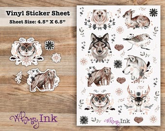 Hoja de pegatinas de vinilo con animales florales de invierno, ideal para planificadores, diarios, álbumes de recortes, bullet journals, etc.