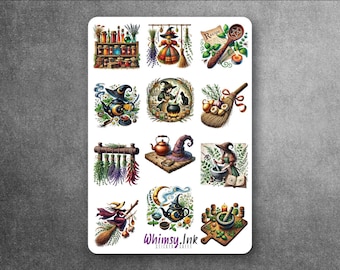 May include: A sticker sheet featuring twelve illustrations of magical themes, including potion bottles, a broom, a cauldron, herbs, and a witch. The bottom center displays the text Whimsy.Ink in purple script, with the word sticker sheet below it.
