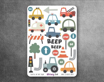 Traffic in Tiny Town Sticker Sheet | Cars Trucks Road Signs Planner Stickers | Kids Transportation Stickers | Cute Vehicle Stickers
