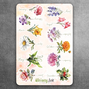 Folha de adesivos de vinil com flores de nascimento, mês de nascimento, botânicos, ótima para planejadores, diários, scrapbooks, bullet journals, etc.